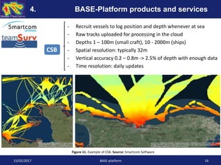 - Recruit vessels to log position and depth whenever at sea
- Raw tracks uploaded for processing in the cloud
- Depths 1 – 100m (small craft), 10 - 2000m (ships)
- Spatial resolution: typically 32m
- Vertical accuracy 0.2 – 0.8m -> 2.5% of depth with enough data
- Time resolution: daily updates
Figure 11. Example of CSB. Source: Smartcom Software
CSB
15/02/2017 BASE-platform 16
4. BASE-Platform products and services
 