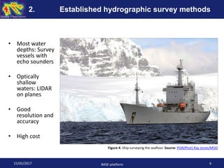 Figure 4. Ship surveying the seafloor. Source: POA(Phot) Ray Jones/MOD
15/02/2017 BASE-platform 6
2. Established hydrographic survey methods
• Most water
depths: Survey
vessels with
echo sounders
• Optically
shallow
waters: LIDAR
on planes
• Good
resolution and
accuracy
• High cost
 
