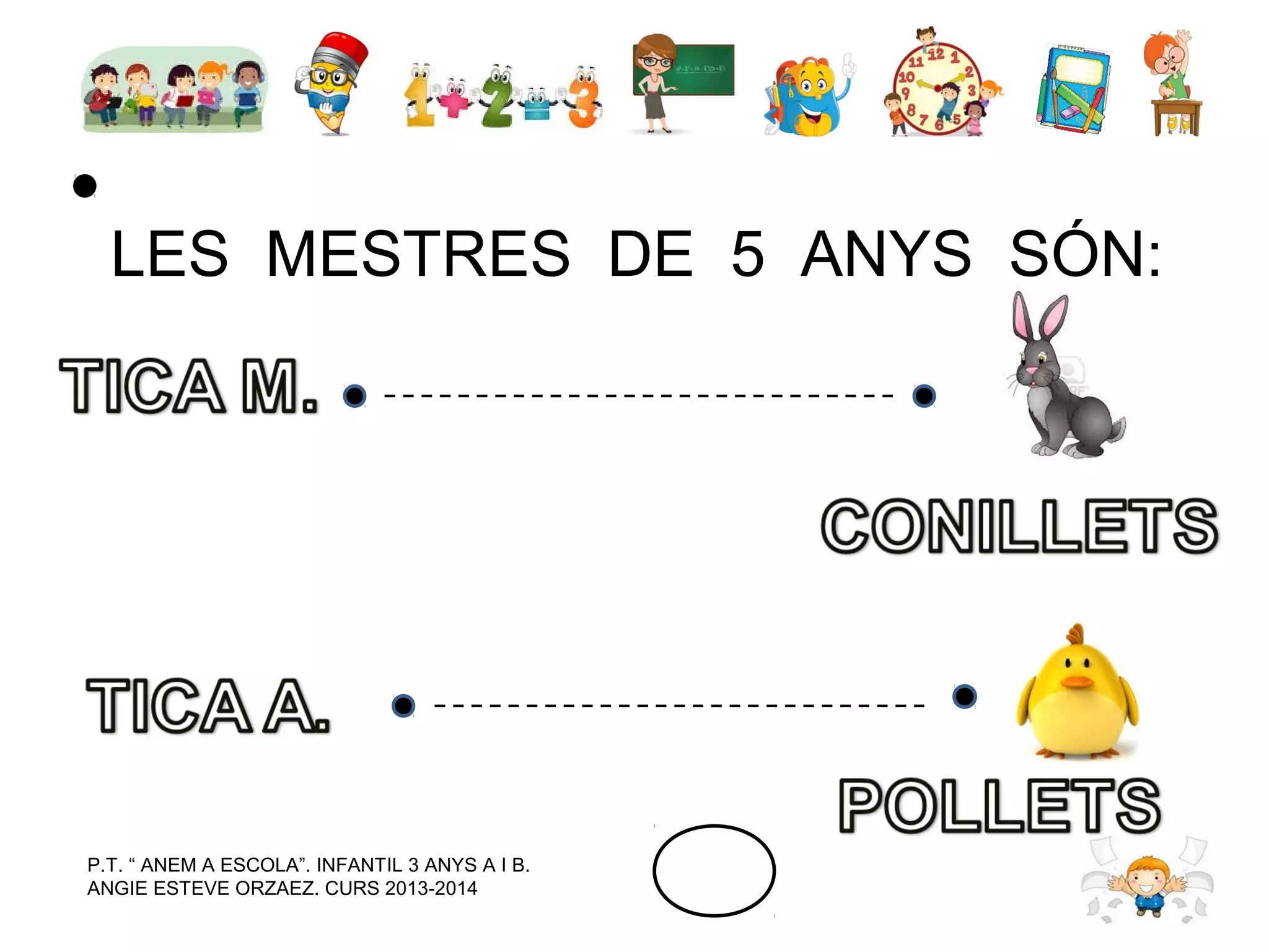 LES MESTRES DE 5 ANYS SÓN:

P.T. “ ANEM A ESCOLA”. INFANTIL 3 ANYS A I B.
ANGIE ESTEVE ORZAEZ. CURS 2013-2014

 