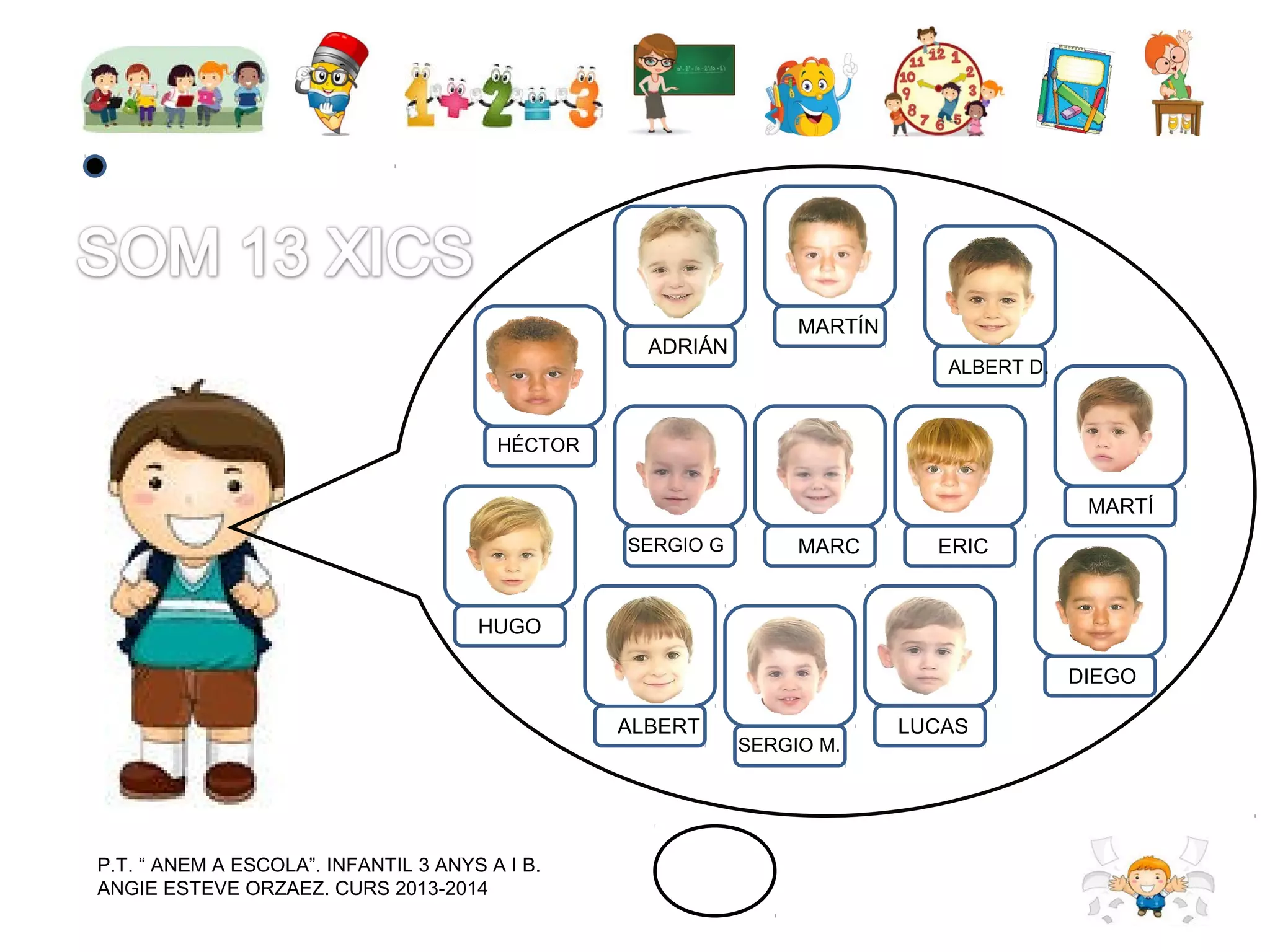 ADRIÁN

MARTÍN
ALBERT D.

HÉCTOR

MARTÍ
SERGIO G

MARC

ERIC

HUGO
DIEGO
ALBERT

P.T. “ ANEM A ESCOLA”. INFANTIL 3 ANYS A I B.
ANGIE ESTEVE ORZAEZ. CURS 2013-2014

SERGIO M.

LUCAS

 