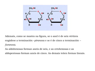 Ademais, como se mostra na figura, se o anel é de seis vértices
engádese a terminación –piranosa e se é de cinco a terminación –
furanosa.
As aldohexosas forman aneis de seis, e as cetohexosas e as
aldopentosas forman aneis de cinco. As demais teñen formas lineais.
 