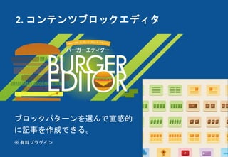 2. コンテンツブロックエディタ
ブロックパターンを選んで直感的
に記事を作成できる。
※ 有料プラグイン
 