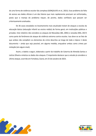 de uma forma de violência escolar tão complexa (GONÇALVES et al., 2021). Esse problema da falta
de acesso aos dados oficiais é um dos fatores que mais rapidamente precisam ser enfrentados,
posto que o manejo do problema requer, de pronto, dados confiáveis que possam ser
criteriosamente analisados.
Os 36 casos estudados no levantamento mais atualizado tratam de ataques a escolas da
educação básica (educação infantil ao ensino médio) de forma geral, em instituições públicas e
privadas. Este relatório não considera os ataques de Macaúbas (BA, 2001) e Janaúba (MG, 2017)
como parte do fenômeno de ataque de violência extrema contra escolas. Isso deve-se ao fato de
que ambos não compõem os elementos do crime descritos ao longo de todo o tópico 1 deste
documento – ainda que seja possível, em alguma medida, enquadrar ambos como crimes por
imitação (em algum nível).
Assim, a tabela a seguir, elaborada a partir do trabalho de Catarina de Almeida Santos e
Letícia Oliveira sintetiza os dados dos ataques. É importante destacar que o estudo já considera o
último ataque, ocorrido em Fortaleza, Ceará, em 25 de outubro de 2023.
 