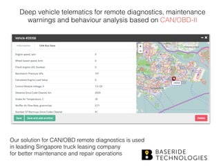 Deep vehicle telematics for remote diagnostics, maintenance
warnings and behaviour analysis based on CAN/OBD-II
Our solution for CAN/OBD remote diagnostics is used
in leading Singapore truck leasing company 
for better maintenance and repair operations
 