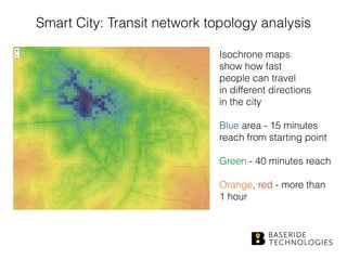 Smart City: Transit network topology analysis
Isochrone maps 
show how fast  
people can travel 
in different directions  
in the city 
 
Blue area - 15 minutes 
reach from starting point 
 
Green - 40 minutes reach 
Orange, red - more than 
1 hour
 