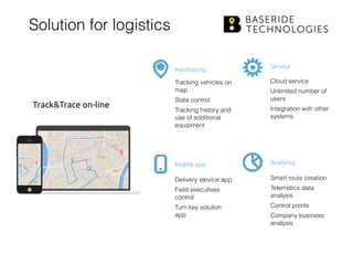 Solution for logistics
Smart route creation
Telematics data
analysis
Control points
Company business
analysis
Analytics
Cloud service
Unlimited number of
users
Integration with other
systems
Service
Delivery service app
Field executives
control
Turn key solution
app
Mobile app
Tracking vehicles on
map
State control
Tracking history and
use of additional
equipment
Monitoring
Track&Trace on-line
 