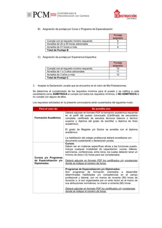 B) Asignación de puntaje por Curso o Programa de Especialización
C) Asignación de puntaje por Experiencia Especifica
3. Aceptar la Declaración Jurada que se encuentra en el rubro de Mis Postulaciones.
Se determina el cumplimiento de los requisitos mínimos para el puesto y se califica a cada
candidato/a como ADMITIDO/A si cumple con todos los requisitos mínimos; o NO ADMITIDO/A si
no cumple con alguno de ellos.
Los requisitos solicitados en la presente convocatoria serán sustentados del siguiente modo:
Para el caso de: Se acredita con:
Formación Académica
Deberá adjuntar en formato PDF la formación académica requerida
en el perfil del puesto convocado (Certificado de secundaria
completa, certificado de estudios técnicos básicos o técnico
superior o diploma del grado de bachiller o diploma de título
académico).
El grado de Magister y/o Doctor se acredita con el diploma
académico.
La habilitación del colegio profesional deberá acreditarse con
documento sustentante o declaración jurada.
Cursos y/o Programas
de Especialización y/o
Diplomados
Cursos:
Deben ser en materias específicas afines a las funciones puesto,
incluye cualquier modalidad de capacitación: cursos, talleres,
seminarios, conferencias, entre otros, los cuales deberán tener un
mínimo de doce (12) horas para ser considerados.
Deberá adjuntar en formato PDF los certificados y/o constancias
donde se indique el número de horas.
Programas de Especialización y/o Diplomados:
Son programas de formación orientados a desarrollar
determinadas habilidades y/o competencias en el campo
profesional y laboral, con no menos de noventa (90) horas de
duración o, si son organizados por un ente rector en el marco de
sus atribuciones normativas, no menor a ochenta (80) horas.
Deberá adjuntar en formato PDF los certificados y/o constancias
donde se indique el número de horas.
Puntaje
asignado
Cumple con el requisito mínimo requerido 6
Acredita de 20 a 40 horas adicionales 7
Acredita de 41 horas a más 8
Total de Puntaje B
Puntaje
asignado
Cumple con el requisito mínimo requerido 10
Acredita de 1 a 3 años adicionales 11
Acredita de 3 años a más 12
Total de Puntaje C
 
