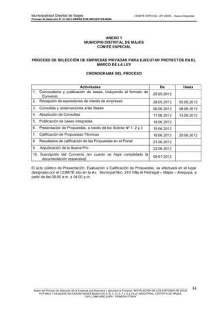 Municipalidad Distrital de Majes COMITÉ ESPECIAL LEY 29230 – Bases Integradas
Proceso de Selección N° 01-2012-OBRAS POR IMPUESTOS-MDM
________________________________________________________________________________________________________
Bases del Proceso de Selección de la Empresa que financiará y ejecutará el Proyecto “INSTALACION DE LOS SISTEMAS DE AGUA
POTABLE Y DESAGÜE EN CIUDAD MAJES MODULOS A, B, C, D, E, F y G y VILLA INDUSTRIAL, DISTRITO DE MAJES,
CAYLLOMA-AREQUIPA - PRIMERA ETAPA”
34
ANEXO 1
MUNICIPIO DISTRITAL DE MAJES
COMITÉ ESPECIAL
PROCESO DE SELECCIÓN DE EMPRESAS PRIVADAS PARA EJECUTAR PROYECTOS EN EL
MARCO DE LA LEY
CRONOGRAMA DEL PROCESO
Actividades De Hasta
1. Convocatoria y publicación de bases, incluyendo el formato de
Convenio
25.05.2012
2. Recepción de expresiones de interés de empresas 28.05.2012 05.06.2012
3. Consultas y observaciones a las Bases 06.06.2012 08.06.2012
4. Absolución de Consultas 11.06.2012 13.06.2012
5. Publicación de bases integradas 14.06.2012
6. Presentación de Propuestas, a través de los Sobres Nº 1, 2 y 3 15.06.2012
7. Calificación de Propuestas Técnicas 18.06.2012 20.06.2012
8. Resultados de calificación de las Propuestas en el Portal 21.06.2012
9. Adjudicación de la Buena Pro 22.06.2012
10. Suscripción del Convenio (en cuanto se haya completado la
documentación respectiva).
09.07.2012
El acto público de Presentación, Evaluación y Calificación de Propuestas, se efectuará en el lugar
designado por el COMITÉ sito en la Av. Municipal Nro. 210 Villa el Pedregal – Majes – Arequipa, a
partir de las 08:00 a.m. a 04:00 p.m.
 
