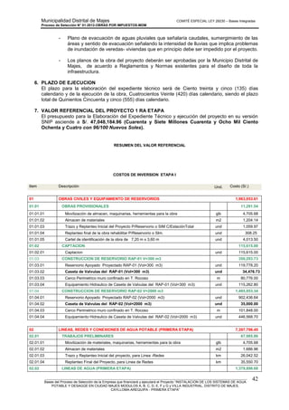 Municipalidad Distrital de Majes COMITÉ ESPECIAL LEY 29230 – Bases Integradas
Proceso de Selección N° 01-2012-OBRAS POR IMPUESTOS-MDM
________________________________________________________________________________________________________
Bases del Proceso de Selección de la Empresa que financiará y ejecutará el Proyecto “INSTALACION DE LOS SISTEMAS DE AGUA
POTABLE Y DESAGÜE EN CIUDAD MAJES MODULOS A, B, C, D, E, F y G y VILLA INDUSTRIAL, DISTRITO DE MAJES,
CAYLLOMA-AREQUIPA - PRIMERA ETAPA”
42
- Plano de evacuación de aguas pluviales que señalaría caudales, sumergimiento de las
áreas y sentido de evacuación señalando la intensidad de lluvias que implica problemas
de inundación de veredas- viviendas que en principio debe ser impedido por el proyecto.
- Los planos de la obra del proyecto deberán ser aprobadas por la Municipio Distrital de
Majes, de acuerdo a Reglamentos y Normas existentes para el diseño de toda la
infraestructura.
6. PLAZO DE EJECUCION
El plazo para la elaboración del expediente técnico será de Ciento treinta y cinco (135) días
calendario y de la ejecución de la obra, Cuatrocientos Veinte (420) días calendario, siendo el plazo
total de Quinientos Cincuenta y cinco (555) días calendario.
7. VALOR REFERENCIAL DEL PROYECTO 1 RA ETAPA
El presupuesto para la Elaboración del Expediente Técnico y ejecución del proyecto en su versión
SNIP asciende a S/. 47,048,184.96 (Cuarenta y Siete Millones Cuarenta y Ocho Mil Ciento
Ochenta y Cuatro con 96/100 Nuevos Soles).
RESUMEN DEL VALOR REFERENCIAL
COSTOS DE INVERSION ETAPA I
Item Descripción Und. Costo (S/.)
01 OBRAS CIVILES Y EQUIPAMIENTO DE RESERVORIOS 1,963,053.61
01.01 OBRAS PROVISIONALES 11,291.54
01.01.01 Movilización de almacen, maquinarias, herramientas para la obra glb 4,705.68
01.01.02 Almacen de materiales m2 1,204.14
01.01.03 Trazo y Replanteo Inicial del Proyecto P/Reservorio o SIM C/EstaciónTotal und 1,059.97
01.01.04 Replanteo final de la obra rehabilitar P/Reservorio o SIm. und 308.25
01.01.05 Cartel de identificación de la obra de 7,20 m x 3,60 m und 4,013.50
01.02 CAPTACION 115,615.00
01.02.01 Captacion und 115,615.00
01.03 CONSTRUCCION DE RESERVORIO RAP-01 V=300 m3 350,293.73
01.03.01 Reservorio Apoyado Proyectado RAP-01 (Vol=300 m3) und 119,778.20
01.03.02 Caseta de Valvulas del RAP-01 (Vol=300 m3) und 34,476.73
01.03.03 Cerco Perimetrico muro confinado en T. Rocoso m 80,776.00
01.03.04 Equipamiento Hidraulico de Caseta de Valvulas del RAP-01 (Vol=300 m3) und 115,262.80
01.04 CONSTRUCCION DE RESERVORIO RAP-02 V=2000 m3 1,485,853.34
01.04.01 Reservorio Apoyado Proyectado RAP-02 (Vol=2000 m3) und 902,436.64
01.04.02 Caseta de Valvulas del RAP-02 (Vol=2000 m3) und 35,000.00
01.04.03 Cerco Perimetrico muro confinado en T. Rocoso m 101,848.00
01.04.04 Equipamiento Hidraulico de Caseta de Valvulas del RAP-02 (Vol=2000 m3) und 446,568.70
02 LINEAS, REDES Y CONEXIONES DE AGUA POTABLE (PRIMERA ETAPA) 7,397,796.45
02.01 TRABAJOS PRELIMINARES 67,985.86
02.01.01 Movilización de materiales, maquinarias, herramientas para la obra glb 4,705.68
02.01.02 Almacen de materiales m2 1,686.96
02.01.03 Trazo y Replanteo Inicial del proyecto, para Linea -Redes km 26,042.52
02.01.04 Replanteo Final del Proyecto, para Linea de Redes km 35,550.70
02.02 LINEAS DE AGUA (PRIMERA ETAPA) 1,379,896.68
 