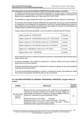 Municipalidad Distrital de Majes COMITÉ ESPECIAL LEY 29230 – Bases Integradas
Proceso de Selección N° 01-2012-OBRAS POR IMPUESTOS-MDM
________________________________________________________________________________________________________
Bases del Proceso de Selección de la Empresa que financiará y ejecutará el Proyecto “INSTALACION DE LOS SISTEMAS DE AGUA
POTABLE Y DESAGÜE EN CIUDAD MAJES MODULOS A, B, C, D, E, F y G y VILLA INDUSTRIAL, DISTRITO DE MAJES,
CAYLLOMA-AREQUIPA - PRIMERA ETAPA”
66
B.2. Experiencia en Servicios Similares al PROYECTO (puntaje máximo 15 puntos)
Se calificará considerando los servicios similares ejecutadas en los últimos diez (10) años a la fecha
de presentación de propuestas de acuerdo a la asignación de puntaje señalada a continuación en
Ningún caso se aceptarán obras con un valor menor a S/. 6´237,115.80.
Se acreditará con copias simples del contrato y sus respectivas actas de recepción y conformidad.
Se considera como servicios similares: Elaboración de Expedientes Técnicos y/o Estudios Definitivos
y/o Supervisión de de Elaboración de Expedientes Técnicos y/o Estudios Definitivos para obras de
agua potable que incluyan plantas de tratamiento de agua potable y/o proyectos de alcantarillado que
incluyan plantas de tratamiento de aguas residuales.
Incluye a todos los Servicios ejecutados o que se encuentren en ejecución por los Postores.
Mayor o Igual a S/. 15 253 254,60 15 puntos
Mayor o Igual a S/. 12 202 603,68 y menor a S/. 15 253 254,60 12 puntos
Mayor o Igual a S/. 9 151 952,76 y menor a S/. 12 202 603,68 9 puntos
Mayor o Igual a S/. 6 101 301,84 y menor a S/. 9 151 952,76 6 puntos
Mayor a S/. 3 050 650,92 y menor a S/. 6 101 301,84 3 puntos
Igual o menor a a S/. 3 050 650,92 0 puntos
No se tomará en cuenta los contratos de locación de servicios ni intermediación laboral donde sólo se
oferte mano de obra.
El Servicio presentado para acreditar la experiencia en servicios similares sirve para acreditar la
experiencia en servicios en general.
El Servicio presentado para acreditar la experiencia en servicios en general no sirve para acreditar la
experiencia en servicios similares.
En el caso de propuestas presentadas en consorcio, la experiencia de éste, será aquella que resulte
de la suma de la experiencia individual de cada uno de sus miembros.
B.3. FACTORES REFERIDOS AL PERSONAL PROFESIONAL PROPUESTO (puntaje máximo 15
puntos)
CARGO DETALLES
Puntaje
Máximo
Jefe de Estudios
Ingeniero
Sanitario
Experiencia como Jefe de Estudios en la Elaboración de Expedientes
Técnicos y/o Estudios Definitivos de Proyectos de Agua Potable y/o
Alcantarillado y/o Plantas de Tratamiento de Agua Potable (PTAP) y/o
Plantas de Tratamiento de Aguas Residuales (PTAR).
Experiencia mayor de 60 meses 04 puntos
Experiencia mayor a 40 y menor o igual a 60 meses 02 puntos
Experiencia mayor a 30 meses y menor o igual a 40 meses 01punto
Experiencia menor o igual a 30 meses 0 puntos
4.0
 
