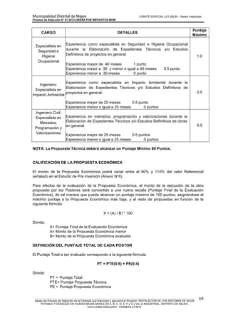 Municipalidad Distrital de Majes COMITÉ ESPECIAL LEY 29230 – Bases Integradas
Proceso de Selección N° 01-2012-OBRAS POR IMPUESTOS-MDM
________________________________________________________________________________________________________
Bases del Proceso de Selección de la Empresa que financiará y ejecutará el Proyecto “INSTALACION DE LOS SISTEMAS DE AGUA
POTABLE Y DESAGÜE EN CIUDAD MAJES MODULOS A, B, C, D, E, F y G y VILLA INDUSTRIAL, DISTRITO DE MAJES,
CAYLLOMA-AREQUIPA - PRIMERA ETAPA”
68
CARGO DETALLES
Puntaje
Máximo
Especialista en
Seguridad e
Higiene
Ocupacional
Experiencia como especialista en Seguridad e Higiene Ocupacional
durante la Elaboración de Expedientes Técnicos y/o Estudios
Definitivos de proyectos en general.
Experiencia mayor de 40 meses 1 punto
Experiencia mayor a 30 y menor o igual a 40 meses 0.5 punto
Experiencia menor a 30 meses 0 punto
1.0
Ingeniero:
Especialista en
Impacto Ambiental
Experiencia como especialista en Impacto Ambiental durante la
Elaboración de Expedientes Técnicos y/o Estudios Definitivos de
proyectos en general.
Experiencia mayor de 25 meses 0.5 punto
Experiencia menor o igual a 25 meses 0 puntos
0.5
Ingeniero Civil:
Especialista en
Metrados,
Programación y
Valorizaciones
Experiencia en metrados, programación y valorizaciones durante la
Elaboración de Expedientes Técnicos y/o Estudios Definitivos de obras
en general.
Experiencia mayor de 25 meses 0.5 puntos
Experiencia menor o igual a 25 meses 0 puntos
0.5
NOTA: La Propuesta Técnica deberá alcanzar un Puntaje Mínimo 80 Puntos.
CALIFICACIÓN DE LA PROPUESTA ECONÓMICA
El monto de la Propuesta Económica podrá variar entre el 90% y 110% del valor Referencial
señalado en el Estudio de Pre inversión (Anexo N°6).
Para efectos de la evaluación de la Propuesta Económica, el monto de la ejecución de la obra
propuesto por los Postores será convertido a una nueva escala (Puntaje Final de la Evaluación
Económica), de tal manera que pueda alcanzar un puntaje máximo de 100 puntos, asignándose el
máximo puntaje a la Propuesta Económica más baja, y al resto de propuestas en función de la
siguiente fórmula:
X = (A) / B) * 100
Donde,
X= Puntaje Final de la Evaluación Económica
A= Monto de la Propuesta Económica menor
B= Monto de la Propuesta Económica evaluada
DEFINICIÓN DEL PUNTAJE TOTAL DE CADA POSTOR
El Puntaje Total a ser evaluado corresponde a la siguiente fórmula:
PT = PTE(0.6) + PE(0.4)
Dónde:
PT = Puntaje Total
PTE= Puntaje Propuesta Técnica
PE = Puntaje Propuesta Económica
 