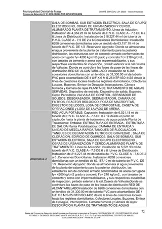 Municipalidad Distrital de Majes COMITÉ ESPECIAL LEY 29230 – Bases Integradas
Proceso de Selección N° 01-2012-OBRAS POR IMPUESTOS-MDM
________________________________________________________________________________________________________
Bases del Proceso de Selección de la Empresa que financiará y ejecutará el Proyecto “INSTALACION DE LOS SISTEMAS DE AGUA
POTABLE Y DESAGÜE EN CIUDAD MAJES MODULOS A, B, C, D, E, F y G y VILLA INDUSTRIAL, DISTRITO DE MAJES,
CAYLLOMA-AREQUIPA - PRIMERA ETAPA”
72
SALA DE BOMBAS, SUB ESTACION ELECTRICA, SALA DE GRUPO
ELECTROGENO, OBRAS DE URBANIZACION Y CERCO,
ALUMBRADO PLANTA DE TRATAMIENTO. Línea de Aducción:
Instalación de 4,384.28 ml de tubería de P.V.C. CLASE A - 7.5 DE 6 a
8.Línea de Distribución: Instalación de 216,227.44 ml de tubería de
P.V.C. CLASE A - 7.5 DE 2 a 6.Conexiones Domiciliarias: Instalación
6268 conexiones domiciliarias con un tendido de 63,157.10 ml de
tubería de P.V.C. DE 1/2 .Reservorio Apoyado: Donde se almacenara
el agua proveniente de la planta de tratamiento para la posterior
distribución, las estructuras son de concreto armado conformadas de
acero corrugado fy= 4200 kg/cm2 grado y concreto f´c= 210 kg/cm2.,
con tarrajeo de cemento y arena con impermeabilizante, y sus
respectivas escalerillas de inspección, pintado exterior a la cal.Caseta
de Válvulas: Donde se controlara las llaves de pase de las líneas de
distribución.RED DE ALCANTARILLADO Instalación de 6,268
conexiones domiciliarias con un tendido de 31,330.00 ml de tubería
PVC para alcantarillado DE 4 U/F X 6 M S-25 NTP-ISO 4435 desde la
línea de colectores locales hasta los registros domiciliarios, Colectores
Locales, Buzones, Emisor de Desagüe, Interceptores, Cámara
húmeda y Cámara de rejas.PLANTA DE TRATAMIENTO DE AGUAS
SERVIDAS. Dispositivo de entrada, Dispositivo de salida, Buzones,
Cerco Perimétrico VALVULA DE CONTROL, SEPARADOR DE
SÓLIDOS, DESGRASADOR, SEDIMENTADOR, CAMARA DE
FILTROS, REACTOR BIOLOGICO, POZA DE MACROFITAS,
DIGESTOR DE LODOS, LOSA DE COMPOSTAJE, CASETA DE
OPERACIONES y LOSA DE LAVADO DE ARENA.
Alternativa 2
RED AGUA POTABLE: Captación: Instalación de 6,021.18 ml de
tubería de P.V.C. CLASE A - 7.5 DE 8 a 14 desde el punto de
captación hasta la planta de tratamiento de agua potable.Planta de
Tratamiento: Embalse: ESTRUCTURA DE ENTRADA , ESTRUTURA
DE SALIDA Planta Potabilizadora: CAMARA DE ENTRADA Y
UNIDAD DE MEZCLA RAPIDA TANQUES DE FLOCULACION ,
TANQUES DE DECANTACION FILTROS DE GRAVEDAD , SALA DE
CLORACION, EDIFICIO DE QUIMICOS, SALA DE BOMBAS, SUB
ESTACION ELECTRICA, SALA DE GRUPO ELECTROGENO ,
OBRAS DE URBANIZACION Y CERCO,ALUMBRADO PLANTA DE
TRATAMIENTO .Línea de Aducción: Instalación de 5,521.93 ml de
tubería de P.V.C. CLASE A - 7.5 DE 6 a 8 .Línea de Distribución:
Instalación de 216,227.44 ml de tubería de P.V.C. CLASE A - 7.5 DE 2
a 6 .Conexiones Domiciliarias: Instalación 6268 conexiones
domiciliarias con un tendido de 63,157.10 ml de tubería de P.V.C. DE
1/2 .Reservorio Apoyado: Donde se almacenara el agua proveniente
de la planta de tratamiento para la posterior distribución, las
estructuras son de concreto armado conformadas de acero corrugado
fy= 4200 kg/cm2 grado y concreto f´c= 210 kg/cm2., con tarrajeo de
cemento y arena con impermeabilizante, y sus respectivas escalerillas
de inspección, pintado exterior a la cal.Caseta de VálvulasDonde se
controlara las llaves de pase de las líneas de distribución.RED DE
ALCANTARILLADOInstalación de 6268 conexiones domiciliarias con
un tendido de 31,330.00 ml de tubería PVC para alcantarillado DE 4
U/F X 6 M S-25 NTP-ISO 4435 desde la línea de colectores locales
hasta los registros domiciliarios, Colectores Locales, Buzones, Emisor
de Desagüe, Interceptores, Cámara húmeda y Cámara de rejas:
DESCRIPCION PLANTA DE TRATAMIENTO DE AGUAS
 
