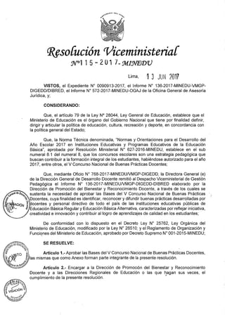 V CONCURSO NACIONAL DE BUENAS PRÁCTICAS DOCENTES Bases 2017