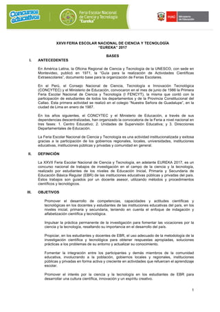 Bases FERIA NACIONAL ESCOLAR DE CIENCIA Y TECNOLOGÍA "EUREKA" 2017 | PDF