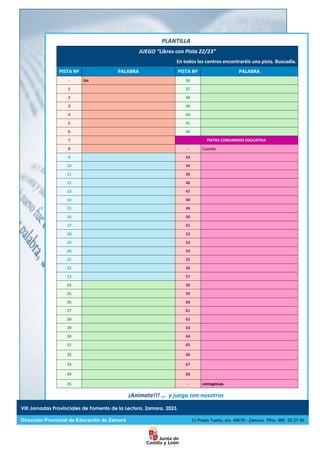 VIII Jornadas Provinciales de Fomento de la Lectura. Zamora. 2023.
Dirección Provincial de Educación de Zamora C/ Prado Tuerto, s/n. 49019 - Zamora. Tlfno: 980 52 27 50
PLANTILLA
¡Anímate!!! … y juega con nosotros
JUEGO “Libros con Pista 22/23”
En todos los centros encontraréis una pista. Buscadla.
PISTA Nº PALABRA PISTA Nº PALABRA
- Un 36
1 37
2 38
3 39
4 40
5 41
6 42
7 PISTAS COMUNIDAD EDUCATIVA
8 - Cuando
9 43
10 44
11 45
12 46
13 47
14 48
15 49
16 50
17 51
18 52
19 53
20 54
21 55
22 56
23 57
24 58
25 59
26 60
27 61
28 62
29 63
30 64
31 65
32 66
33 67
34 68
35 - contagiosas.
 