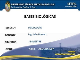 ESCUELA:
PONENTE:
BIMESTRE:
BASES BIOLÓGICAS
CICLO:
PSICOLOGÍA
I BIMESTRE
Ing. Iván Burneo
ABRIL – AGOSTO 2007
 