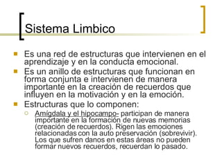 Sistema  Limbico Es una red de estructuras que intervienen en el aprendizaje y en la conducta emocional. Es un anillo de estructuras que funcionan en forma conjunta e intervienen de manera importante en la creación de recuerdos que influyen en la motivación y en la emoción. Estructuras que lo componen: Amígdala y el hipocampo-  participan de manera importante en la formación de nuevas memorias (creación de recuerdos). Rigen las emociones relacionadas con la auto preservación (sobrevivir). Los que sufren danos en estas áreas no pueden formar nuevos recuerdos, recuerdan lo pasado. 