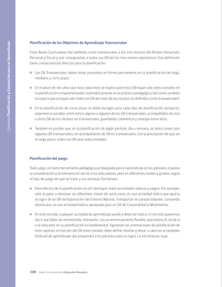 108 Bases Curriculares de la Educación Parvularia
Planificación de los Objetivos de Aprendizaje Transversales
Estas Bases Curriculares han definido como transversales a los tres núcleos del Ámbito Desarrollo
Personal y Social y, por consiguiente, a todos sus OA (en los tres niveles educativos). Esta definición
tiene consecuencias directas para la planificación.
	 Los OA Transversales deben estar presentes en forma permanente en la planificación de largo,
mediano y corto plazo.
	 En el plazo de dos años que dura cada nivel, se espera que estos OA hayan sido seleccionados en
la planificación e implementados sistemáticamente en la práctica pedagógica (así como también
se espera que lo hayan sido todos los OA del resto de los núcleos no definidos como transversales).
	 En la planificación de corto plazo se debe escoger para cada tipo de planificación (proyecto,
experiencia variable, entre otros), alguno o algunos de los OA transversales, acompañados de otro
u otros OA de los núcleos no transversales, guardando coherencia y sinergia entre ellos.
	 También es posible que, en la planificación de algún período, día o semana, se seleccionen solo
algunos OA transversales, sin acompañarlos de OA no transversales; con la precaución de que, en
el largo plazo, todos los OA sean seleccionados.
Planificación del juego
Todo juego, en tanto herramienta pedagógica privilegiada para el aprendizaje en los párvulos, requiere
la consideración y la intervención de las o los educadores, pero en diferentes modos y grados, según
el tipo de juego de que se trate, y sus ventajas formativas.
	 Para efectos de la planificación, es útil distinguir entre actividades lúdicas y juegos. Por ejemplo,
salir al patio a observar las diferentes clases de seres vivos, es una actividad lúdica que aporta
al logro de un OA de Exploración del Entorno Natural. Transportar en parejas balones, sorteando
obstáculos, es una actividad lúdica, apropiada para un OA de Corporalidad y Movimiento.
	 En este sentido, cualquier actividad de aprendizaje puede y debe ser lúdica, si con esto queremos
decir que debe ser entretenida, motivante, con un enmarcamiento flexible, placentera. El rol de la
o el educador en su planificación es fundamental. Siguiendo las orientaciones de planificación de
este capítulo, en función del OA seleccionado, debe definir, diseñar y llevar a cabo las actividades
(lúdicas) de aprendizaje que propondrá a los párvulos para su logro. La iniciativa es suya.
Contexto
Planificación
y
Evaluación
para
el
Aprendizaje
 