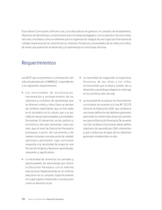 10 Bases Curriculares de la Educación Parvularia
Estas Bases Curriculares ofrecen a los y las educadoras en general, un conjunto de fundamentos,
Objetivos de Aprendizaje y orientaciones para el trabajo pedagógico con los párvulos. De este modo,
han sido concebidos como un referente para la organización integral de una trayectoria formativa de
calidad, respetuosa de las características, intereses, fortalezas y necesidades de las niñas y los niños,
de modo que potencien el desarrollo y el aprendizaje en esta etapa decisiva.
Requerimientos
Las BCEP que se presentan a continuación, han
sido actualizadas por el MINEDUC, respondiendo
a los siguientes requerimientos:
	 Las necesidades de actualización,
reorientación y enriquecimiento de los
objetivos y contextos de aprendizaje que
se ofrecen a niñas y niños. Estos se derivan
de cambios importantes que se han dado
en la sociedad y en la cultura, que a su vez
implican nuevas oportunidades y necesidades
formativas. El desarrollo social, político y
económico del país demanda, cada vez
más, que el nivel de Educación Parvularia
promueva, a partir del nacimiento y de
manera inclusiva, una educación de calidad,
oportuna y pertinente, cuyo currículum
responda a la necesidad de propiciar una
formación integral y favorecer aprendizajes
relevantes y significativos.
	 La necesidad de armonizar los sentidos y
oportunidades de aprendizaje que ofrece
la Educación Parvularia con la reforma
educacional implementada en el sistema
educativo en su conjunto; específicamente
en lo que supone comprender a la educación
como un derecho social.
	 La necesidad de resguardar la trayectoria
formativa de las niñas y los niños,
reconociendo que la base y solidez de su
desarrollo y aprendizaje integral se construye
en los primeros años de vida.
	 La necesidad de actualizar los instrumentos
curriculares de acuerdo a la Ley N° 20.370
General de Educación (LGE), que establece
una nueva definición de objetivos generales
para todos los niveles educativos; por primera
vez para la Educación Parvularia. De acuerdo
a la LGE, las Bases Curriculares deben definir
objetivos de aprendizaje (OA) coherentes
y que conduzcan al logro de los objetivos
generales establecidos en ella.
 