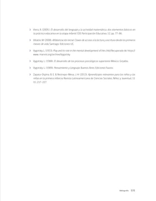 131
Bibliografía
	 Viera, A. (2009.). El desarrollo del lenguaje y la actividad matemática, dos elementos básicos en
la práctica educativa en la etapa infantil. CEE Participación Educativa, 12, pp. 77-86.
	 Villalón, M. (2008). Alfabetización inicial. Claves de acceso a la lectura y escritura desde los primeros
meses de vida. Santiago: Ediciones UC.
	 Vygotsky, L. (1933). Play and its role in the mental development of the child. Recuperado de: https://
www. marxist.org/archive/Vygotsky
	 Vygotsky, L. (1988). El desarrollo de los procesos psicológicos superiores. México: Grijalbo.
	 Vygotsky, L. (1989). Pensamiento y Lenguaje. Buenos Aires: Ediciones Fausto.
	 Zapata-Ospina, B. E. & Restrepo-Mesa, J. H. (2013). Aprendizajes relevantes para los niños y las
niñas en la primera infancia. Revista Latinoamericana de Ciencias Sociales, Niñez y Juventud, 11
(1), 217-227.
 