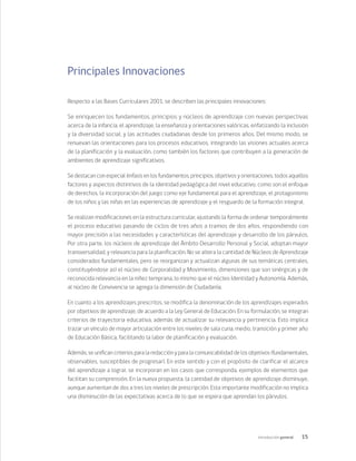15
Introducción general
Principales Innovaciones
Respecto a las Bases Curriculares 2001, se describen las principales innovaciones:
Se enriquecen los fundamentos, principios y núcleos de aprendizaje con nuevas perspectivas
acerca de la infancia, el aprendizaje, la enseñanza y orientaciones valóricas, enfatizando la inclusión
y la diversidad social, y las actitudes ciudadanas desde los primeros años. Del mismo modo, se
renuevan las orientaciones para los procesos educativos, integrando las visiones actuales acerca
de la planificación y la evaluación, como también los factores que contribuyen a la generación de
ambientes de aprendizaje significativos.
Se destacan con especial énfasis en los fundamentos, principios, objetivos y orientaciones, todos aquellos
factores y aspectos distintivos de la identidad pedagógica del nivel educativo, como son el enfoque
de derechos, la incorporación del juego como eje fundamental para el aprendizaje, el protagonismo
de los niños y las niñas en las experiencias de aprendizaje y el resguardo de la formación integral.
Se realizan modificaciones en la estructura curricular, ajustando la forma de ordenar temporalmente
el proceso educativo pasando de ciclos de tres años a tramos de dos años, respondiendo con
mayor precisión a las necesidades y características del aprendizaje y desarrollo de los párvulos.
Por otra parte, los núcleos de aprendizaje del Ámbito Desarrollo Personal y Social, adoptan mayor
transversalidad, y relevancia para la planificación. No se altera la cantidad de Núcleos de Aprendizaje
considerados fundamentales, pero se reorganizan y actualizan algunas de sus temáticas centrales,
constituyéndose así el núcleo de Corporalidad y Movimiento, dimensiones que son sinérgicas y de
reconocida relevancia en la niñez temprana, lo mismo que el núcleo Identidad y Autonomía. Además,
al núcleo de Convivencia se agrega la dimensión de Ciudadanía.
En cuanto a los aprendizajes prescritos, se modifica la denominación de los aprendizajes esperados
por objetivos de aprendizaje, de acuerdo a la Ley General de Educación. En su formulación, se integran
criterios de trayectoria educativa, además de actualizar su relevancia y pertinencia. Esto implica
trazar un vínculo de mayor articulación entre los niveles de sala cuna, medio, transición y primer año
de Educación Básica, facilitando la labor de planificación y evaluación.
Además, se unifican criterios para la redacción y para la comunicabilidad de los objetivos (fundamentales,
observables, susceptibles de progresar). En este sentido y con el propósito de clarificar el alcance
del aprendizaje a lograr, se incorporan en los casos que corresponda, ejemplos de elementos que
facilitan su comprensión. En la nueva propuesta, la cantidad de objetivos de aprendizaje disminuye,
aunque aumentan de dos a tres los niveles de prescripción. Esta importante modificación no implica
una disminución de las expectativas acerca de lo que se espera que aprendan los párvulos.
 