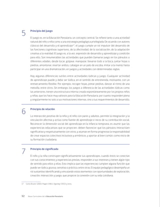 32 Bases Curriculares de la Educación Parvularia
5
Principio del juego
El juego es, en la Educación Parvularia, un concepto central. Se refiere tanto a una actividad
natural del niño o niña como a una estrategia pedagógica privilegiada. De acuerdo con autores
clásicos del desarrollo y el aprendizaje17
, el juego cumple un rol impulsor del desarrollo de
las funciones cognitivas superiores, de la afectividad, de la socialización, de la adaptación
creativa a la realidad. El juego es, a la vez, expresión de desarrollo y aprendizaje y condición
para ello. Son innumerables las actividades que pueden llamarse juego en los párvulos a
diferentes edades, desde tocar, golpear, manipular, llevarse todo a la boca, juntar hojas o
piedras, amontonar, insertar anillos, cabalgar en un palo de escoba, imitar a la mamá, hasta
participar en una dramatización, en juegos y actividades con determinadas reglas.
Hay algunas diferencias sutiles entre actividades lúdicas y juego. Cualquier actividad
de aprendizaje puede y debe ser lúdica, en el sentido de entretenida, motivante, con un
enmarcamiento flexible. Por ejemplo, recoger hojas, pintar piedras, danzar al ritmo de una
melodía, entre otros. Sin embargo, los juegos a diferencia de las actividades lúdicas como
las anteriores, tienen una estructura interna creada espontáneamente por los propios niños
y niñas, que los hace muy valiosos para la Educación Parvularia, por cuanto responden plena
y singularmente no solo a sus motivaciones internas, sino a sus requerimientos de desarrollo.
6
Principio de relación
La interacción positiva de la niña y el niño con pares y adultos, permite la integración y la
vinculación afectiva y actúa como fuente de aprendizaje e inicio de su contribución social.
Reconocer la dimensión social del aprendizaje en la infancia temprana, es asumir que las
experiencias educativas que se propicien, deben favorecer que los párvulos interactúen
significativa y respetuosamente con otros, y asuman en forma progresiva la responsabilidad
de crear espacios colectivos inclusivos y armónicos, y aportar al bien común, como inicio de
su formación ciudadana.
7
Principio de significado
El niño y la niña construyen significativamente sus aprendizajes, cuando éstos se conectan
con sus conocimientos y experiencias previas, responden a sus intereses y tienen algún tipo
de sentido para ellos y ellas. Esto implica que las experiencias cumplen alguna función que
puede ser lúdica, gozosa, sensitiva o práctica, entre otras. El equipo pedagógico desempeña un
rol sustantivo identificando y vinculando estos elementos con oportunidades de exploración,
creación, interacción y juego, que propicie la conexión con su vida cotidiana.
17	 Como Bruner (2003), Piaget (1961), Vigotsky (1933) y otros.
 