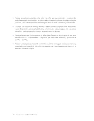 34 Bases Curriculares de la Educación Parvularia
	 Propiciar aprendizajes de calidad en las niñas y los niños que sean pertinentes y consideren las
necesidades educativas especiales, las diversidades culturales, lingüísticas, de género, religiosas
y sociales, junto a otros aspectos culturales significativos de ellos, sus familias y comunidades.
	 Favorecer la transición de la niña y del niño a la Educación Básica, propiciando el desarrollo
y aprendizaje de las actitudes, habilidades y conocimientos necesarios para esta trayectoria
educativa e implementando los procesos pedagógicos que la facilitan.
	 Potenciar la participación permanente de la familia en función de la realización de una labor
educativa conjunta, complementaria y congruente, que favorezca el desarrollo y aprendizaje de
las niñas y los niños.
	 Propiciar un trabajo conjunto con la comunidad educativa, con respeto a las características y
necesidades educativas de la niña y del niño, para generar condiciones más pertinentes a su
atención y formación integral.
 