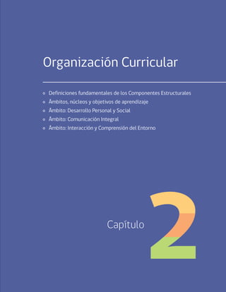 35
Capítulo 2 / Organización Curricular
Organización Curricular
	 Definiciones fundamentales de los Componentes Estructurales
	 Ámbitos, núcleos y objetivos de aprendizaje
	 Ámbito: Desarrollo Personal y Social
	 Ámbito: Comunicación Integral
	 Ámbito: Interacción y Comprensión del Entorno
Capítulo
 
