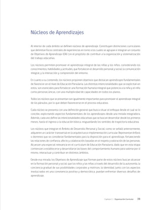39
Capítulo 2 / Organización Curricular
Núcleos de Aprendizajes
Al interior de cada ámbito se definen núcleos de aprendizaje. Constituyen distinciones curriculares
que delimitan focos centrales de experiencias en torno a los cuales se agrupan e integran un conjunto
de Objetivos de Aprendizaje (OA) con el propósito de contribuir a la organización y sistematización
del trabajo educativo.
Los núcleos permiten promover el aprendizaje integral de las niñas y los niños, considerando los
conocimientos, habilidades y actitudes, que fortalecen el desarrollo personal y social, la comunicación
integral, y la interacción y comprensión del entorno.
En cuanto a su contenido, los núcleos proponen objetivos que destacan aprendizajes fundamentales
de favorecer en el nivel de Educación Parvularia. Las distintas intencionalidades que se explicitan en
estos, son esenciales para fortalecer una formación humana integral que potencia a la niña y el niño
como personas únicas, con una multiplicidad de capacidades en todos los planos.
Todos los núcleos que se presentan son igualmente importantes para promover el aprendizaje integral
de los párvulos, por lo que deben favorecerse en el proceso educativo.
Cada núcleo se presenta con una definición general que busca situar el enfoque desde el cual se lo
concibe, explicitando aspectos fundamentales de los aprendizajes desde una mirada integradora.
Además, cada uno define las intencionalidades educativas que se buscan desarrollar desde los primeros
meses, hasta el ingreso a la educación básica, resguardando los sentidos de trayectoria educativa.
Los núcleos que integran el Ámbito de Desarrollo Personal y Social, como se señaló anteriormente,
adquieren un carácter transversal en la arquitectura e implementación curricular. Representan énfasis
o dominios que se consideran fundamentales para la disposición para el aprendizaje, fortaleciendo
las relaciones de confianza, afecto y colaboración, basadas en el respeto y valoración de las personas.
Alcanzan una especial relevancia en el currículum de Educación Parvularia, dado que en esta etapa
comienzan a establecerse y desarrollarse las bases del comportamiento humano para valerse por sí
mismo, interactuar y contribuir en distintos ámbitos.
Desde esa mirada, los Objetivos de Aprendizaje que forman parte de estos núcleos buscan alcanzar
en la formación personal y social, que los niños y las niñas a través del desarrollo de la autonomía, la
conciencia gradual de sus posibilidades corporales y motrices, la identidad, junto con los aspectos
involucrados en una convivencia positiva y democrática, puedan enfrentar diversos desafíos de
aprendizaje.
 