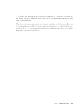 43
Capítulo 2 / Organización Curricular
En consecuencia, la organización de los objetivos, en tres niveles o tramos curriculares exige ser
aplicada con flexibilidad, al asumirse que el aprendizaje es un continuo que puede describirse en
trayectorias referenciales.
Así, en el marco de las adecuaciones curriculares para la inclusión, se pueden seleccionar Objetivos
de Aprendizaje de un nivel diferente al del grupo o curso de párvulos, correspondiendo al saber
profesional de las y los educadores, tomar las decisiones pedagógicas pertinentes para propiciar
aprendizajes relevantes y significativos.
 