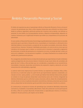 46 Bases Curriculares de la Educación Parvularia
Ámbito: Desarrollo Personal y Social
El ámbito de experiencias para el aprendizaje referido al Desarrollo Personal y Social, articula el
conjunto de aprendizajes que niñas y niños requieren desarrollar para enfrentar sus interacciones
desde la confianza, seguridad y valoración positiva de sí mismos y de los demás, y así disfrutar su
presente. En este ámbito, los correspondientes núcleos y Objetivos de Aprendizaje, adquieren un
carácter transversal, por el significado formativo que tienen sus componentes en los procesos de
aprendizaje.
En este sentido, el Desarrollo Personal y Social integra equilibradamente la relación entre la creciente
autonomía que le permiten el desarrollo de la corporalidad y el movimiento, la afirmación de la
identidad debido al reconocimiento y aceptación de las propias necesidades, emociones, afectos,
características, intereses, fortalezas, habilidades personales, así como las de los otros que son
miembros de los grupos que lo rodean. La conciencia de sí mismo(a), la expresión y regulación
de emociones, el sentido de pertenencia, la convivencia con otros, el sentido del bien común y el
inicio en la ciudadanía -si se encuentran en equilibrio-, se traduce finalmente en un estado vital de
satisfacción y plenitud de los párvulos.
Por consiguiente, este ámbito favorece el desarrollo de párvulos que experimentan el mundo sintiéndose
sujetos protagonistas de este proceso desde el momento en que nacen; llenos de curiosidad y de
ganas de vivir. Si niñas y niños perciben que son considerados y respetados en sus características,
necesidades e intereses, desarrollan sentimientos de aceptación, respeto y valoración, así como
sensaciones de confortabilidad y seguridad.
Lo anterior tiene varias implicancias. En primer término, sus experiencias cotidianas, niñas y niños,
las viven en y a través del cuerpo. Es a partir de él, que experimentan, expresan, comprenden y se
vinculan con otros -pares y adultos-, y con el mundo que habitan. Estas distintas interacciones, proveen
el contexto en el que los párvulos desarrollan conocimientos acerca de sí mismos, integrando las
distintas dimensiones que los conforman (cuerpo, emociones, afectos, ideas). Así, simultáneamente,
en este vínculo con otros, los párvulos descubren características, intereses y emociones que los hacen
únicos y desarrollan las herramientas que les permiten tomar decisiones e incidir en su entorno.
En consecuencia, se expresa en núcleos de aprendizaje que consideran: Identidad y Autonomía,
Convivencia y Ciudadanía, Corporalidad y Movimiento. Todos ellos potencian la activa participación
de niñas y niños en su propio desarrollo, fortaleciendo su capacidad para mirarse a sí mismos y
establecer vínculos positivos y de respeto con los demás.
 