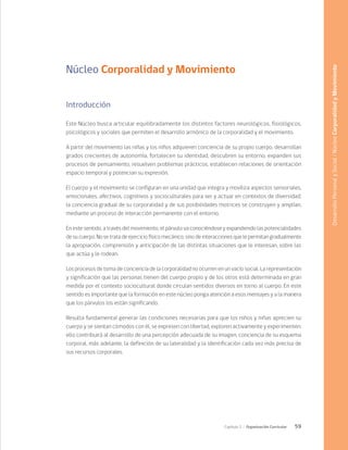59
Capítulo 2 / Organización Curricular
Núcleo Corporalidad y Movimiento
Introducción
Este Núcleo busca articular equilibradamente los distintos factores neurológicos, fisiológicos,
psicológicos y sociales que permiten el desarrollo armónico de la corporalidad y el movimiento.
A partir del movimiento las niñas y los niños adquieren conciencia de su propio cuerpo, desarrollan
grados crecientes de autonomía, fortalecen su identidad, descubren su entorno, expanden sus
procesos de pensamiento, resuelven problemas prácticos, establecen relaciones de orientación
espacio temporal y potencian su expresión.
El cuerpo y el movimiento se configuran en una unidad que integra y moviliza aspectos sensoriales,
emocionales, afectivos, cognitivos y socioculturales para ser y actuar en contextos de diversidad;
la conciencia gradual de su corporalidad y de sus posibilidades motrices se construyen y amplían,
mediante un proceso de interacción permanente con el entorno.
En este sentido, a través del movimiento, el párvulo va conociéndose y expandiendo las potencialidades
de su cuerpo. No se trata de ejercicio físico mecánico, sino de interacciones que le permitan gradualmente
la apropiación, comprensión y anticipación de las distintas situaciones que le interesan, sobre las
que actúa y le rodean.
Los procesos de toma de conciencia de la corporalidad no ocurren en un vacío social. La representación
y significación que las personas tienen del cuerpo propio y de los otros está determinada en gran
medida por el contexto sociocultural donde circulan sentidos diversos en torno al cuerpo. En este
sentido es importante que la formación en este núcleo ponga atención a esos mensajes y a la manera
que los párvulos los están significando.
Resulta fundamental generar las condiciones necesarias para que los niños y niñas aprecien su
cuerpo y se sientan cómodos con él, se expresen con libertad, exploren activamente y experimenten;
ello contribuirá al desarrollo de una percepción adecuada de su imagen, conciencia de su esquema
corporal, más adelante, la definición de su lateralidad y la identificación cada vez más precisa de
sus recursos corporales.
Desarrollo
Personal
y
Social
/
Núcleo
Corporalidad
y
Movimiento
 