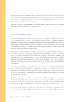 68 Bases Curriculares de la Educación Parvularia
De esta manera, pueden participar activa y creativamente de la sociedad y de la red de significados
compartidos que constituye la cultura: expresando sentimientos, emociones e ideas, reconociendo e
interpretando ciertos aspectos particulares de culturas distintas a la propia, accediendo a diferentes
tipos de información, potenciando su autonomía.
Este conjunto integrado de habilidades de pensamiento, posibilitan y modulan a su vez los diversos
aprendizajes que ha de construir el párvulo en el futuro.
Orientaciones pedagógicas
Resulta fundamental generar ambientes de aprendizaje que contemplen múltiples oportunidades
para la expresión oral de las niñas y los niños, que ofrezcan instancias para que, a través de relatos y
comentarios sobre sus vivencias, pensamientos y emociones, puedan dar cuenta de la riqueza de su
mundo interno, y otorgarle sentido y significado a su entorno. Esto es especialmente significativo en el
marco de proyectos y juegos colaborativos, reconociendo que estas instancias generan oportunidades
para intercambiar opiniones, información e ideas.
Importa generar oportunidades de aprendizaje en los cuales los adultos respondan a las primeras
iniciativas comunicativas de los niños y las niñas (gestos, sonrisas, balbuceos, sonidos), y les hablen
con un claro propósito comunicativo, complementado con gestos y movimientos. Ambientes que,
luego, ofrezcan instancias para escuchar y producir relatos; intercambiar comentarios sobre sus
experiencias; expresar pensamientos y emociones, ampliar el vocabulario para dar significado a
objetos, acontecimientos, situaciones; siempre considerando el contexto de comunicación en el
que se expresa.
Por supuesto, el carácter lúdico que puedan tener estas instancias es un elemento motivador. Junto
con las experiencias organizadas por el o la educadora, aquellas que se constituyen como juego
espontáneo y autodeterminado por niños y niñas merecen un lugar central, por cuanto en ellas se
desarrolla el pensamiento en un nivel óptimo de complejidad para los requerimientos particulares
del desarrollo de cada párvulo.
Así también, el lenguaje verbal se favorece a través de la utilización de preguntas que propician el
planteamiento de problemas o la formulación de conjeturas. Las preguntas, del párvulo y del equipo
pedagógico, contribuyen a la construcción y comprensión de mensajes, sirven para que niños y niñas
den a conocer sus opiniones, incrementen su vocabulario y fomenten su curiosidad natural.
También es importante que estos ambientes enriquecidos, cuenten con diversos materiales escritos
que despierten el interés y la curiosidad de niños y niñas por acceder a los significados involucrados
Comunicación
Integral
/
Núcleo
Lenguaje
Verbal
 