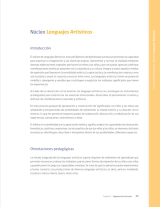73
Capítulo 2 / Organización Curricular
Núcleo Lenguajes Artísticos
Introducción
El núcleo de Lenguajes Artísticos articula Objetivos de Aprendizaje que buscan promover la capacidad
para expresar la imaginación y las vivencias propias, representar y recrear la realidad mediante
diversas elaboraciones originales que hacen los niños y las niñas, y por otra parte, apreciar y disfrutar
manifestaciones estéticas presentes en la naturaleza y la cultura. Integra a todos aquellos medios
de expresión que favorecen la sensibilidad estética, la apreciación y la manifestación creativa, como
son lo plástico visual, lo corporal y musical, entre otros. Los lenguajes artísticos tienen un potencial
simbólico, divergente y sensible que contribuyen a explicitar los múltiples significados que tienen
las experiencias.
A través de la interacción con el entorno, los lenguajes artísticos se constituyen en instrumentos
privilegiados para exteriorizar las vivencias emocionales, desarrollar el pensamiento creativo y
disfrutar de manifestaciones culturales y artísticas.
En este proceso gradual de apropiación y construcción de significados, los niños y las niñas van
ampliando y enriqueciendo las posibilidades de representar su mundo interior y su relación con el
entorno, lo que les permitirá mayores grados de elaboración, abstracción y simbolización de sus
experiencias, sensaciones, sentimientos e ideas.
El énfasis en la sensibilidad y en la apreciación estética, significa ampliar las capacidades de observación,
kinestésicas, auditivas y expresivas con el propósito de que los niños y las niñas, se interesen, disfruten,
reconozcan, identifiquen, describan e interpreten dentro de sus posibilidades, diferentes aspectos.
Orientaciones pedagógicas
La mirada integrada de los lenguajes artísticos supone disponer de ambientes de aprendizaje que
permitan reconocer y valorar las múltiples y particulares formas de expresión de los niños y las niñas
y puedan poner en juego sus capacidades creativas. Se trata de que los párvulos puedan experimentar
y tomar contacto con producciones de diversos lenguajes artísticos, es decir, pintura, modelado,
escultura, música, danza, teatro, entre otros.
Comunicación
Integral
/
Núcleo
Lenguajes
Artísticos
 
