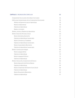 CAPÍTULO 2 / ORGANIZACIÓN CURRICULAR	 35
	 Componentes Estructurales de las Bases Curriculares	 36
	 Definiciones fundamentales de los Componentes Estructurales	 38
		 Ámbitos de Experiencias para el Aprendizaje	 38
		 Núcleos de Aprendizaje	 39
		 Objetivos de Aprendizaje	 40
		 Niveles curriculares	 41
	 Ámbitos, núcleos y Objetivos de Aprendizaje	 45
	 Ámbito: Desarrollo Personal y Social	 46
		 Núcleo Identidad y Autonomía	 47
		 Objetivos de Aprendizaje transversales	 50
		 Núcleo Convivencia y Ciudadanía	 53
		 Objetivos de Aprendizaje transversales	 56
		 Núcleo Corporalidad y Movimiento	 59
		 Objetivos de Aprendizaje transversales	 62
	 Ámbito: Comunicación Integral	 66
		 Núcleo Lenguaje Verbal	 67
		 Objetivos de Aprendizaje	 70
		 Núcleo Lenguajes Artísticos	 73
		 Objetivos de Aprendizaje	 76
	 Ámbito: Interacción y Comprensión del Entorno	 80
		 Núcleo Exploración del Entorno Natural	 81
		 Objetivos de Aprendizaje	 84
		 Núcleo Comprensión del Entorno Sociocultural	 88
		 Objetivos de Aprendizaje	 91
		 Núcleo Pensamiento Matemático	 94
		 Objetivos de Aprendizaje 	 97
 