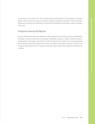 83
Capítulo 2 / Organización Curricular
Es útil recurrir al uso de las TICs como una herramienta para ampliar el conocimiento en distintos
ámbitos sobre el entorno natural, por ejemplo, software o programas específicos sobre seres vivos,
fenómenos, acciones que contribuyen al desarrollo de ambientes sostenibles, cuerpos celestes,
entre otros.
Propósito General del Núcleo
A través de Exploración del Entorno Natural, se espera potenciar en las niñas y los niños, las habilidades,
actitudes y conocimientos que les permitan comprender, apreciar y cuidar su entorno natural,
potenciando su curiosidad y capacidad de asombro. De esta manera, amplían sus recursos personales
favoreciendo el desarrollo de personas activas, que exploran, descubren, aprecian, respetan y se
involucran afectivamente con el contexto natural en el que habitan, desarrollando el pensamiento
científico.
Interacción
y
Comprensión
del
Entorno
/
Núcleo
Exploración
del
Entorno
Natural
 