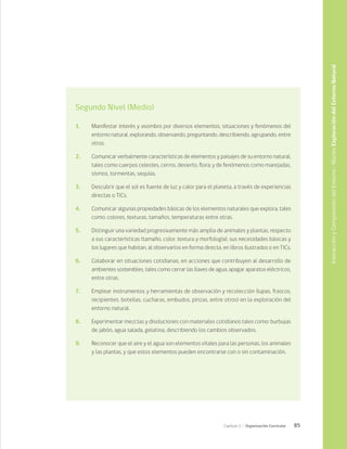 85
Capítulo 2 / Organización Curricular
Segundo Nivel (Medio)
1.	 Manifestar interés y asombro por diversos elementos, situaciones y fenómenos del
entorno natural, explorando, observando, preguntando, describiendo, agrupando, entre
otros.
2.	 Comunicar verbalmente características de elementos y paisajes de su entorno natural,
tales como cuerpos celestes, cerros, desierto, flora; y de fenómenos como marejadas,
sismos, tormentas, sequías.
3.	 Descubrir que el sol es fuente de luz y calor para el planeta, a través de experiencias
directas o TICs.
4.	 Comunicar algunas propiedades básicas de los elementos naturales que explora, tales
como: colores, texturas, tamaños, temperaturas entre otras.
5.	 Distinguir una variedad progresivamente más amplia de animales y plantas, respecto
a sus características (tamaño, color, textura y morfología), sus necesidades básicas y
los lugares que habitan, al observarlos en forma directa, en libros ilustrados o en TICs.
6.	 Colaborar en situaciones cotidianas, en acciones que contribuyen al desarrollo de
ambientes sostenibles, tales como cerrar las llaves de agua, apagar aparatos eléctricos,
entre otras.
7.	 Emplear instrumentos y herramientas de observación y recolección (lupas, frascos,
recipientes, botellas, cucharas, embudos, pinzas, entre otros) en la exploración del
entorno natural.
8.	 Experimentar mezclas y disoluciones con materiales cotidianos tales como: burbujas
de jabón, agua salada, gelatina, describiendo los cambios observados.
9.	 Reconocer que el aire y el agua son elementos vitales para las personas, los animales
y las plantas, y que estos elementos pueden encontrarse con o sin contaminación.
Interacción
y
Comprensión
del
Entorno
/
Núcleo
Exploración
del
Entorno
Natural
 