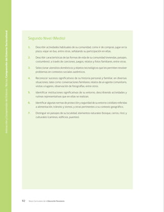 92 Bases Curriculares de la Educación Parvularia
Segundo Nivel (Medio)
1.	 Describir actividades habituales de su comunidad, como ir de compras, jugar en la
plaza, viajar en bus, entre otras, señalando su participación en ellas.
2.	 Describir características de las formas de vida de su comunidad (viviendas, paisajes,
costumbres), a través de canciones, juegos, relatos y fotos familiares, entre otras.
3.	 Seleccionar utensilios domésticos y objetos tecnológicos que les permiten resolver
problemas en contextos sociales auténticos.
4.	 Reconocer sucesos significativos de su historia personal y familiar, en diversas
situaciones, tales como: conversaciones familiares, relatos de un agente comunitario,
visitas a lugares, observación de fotografías, entre otros.
5.	 Identificar instituciones significativas de su entorno, describiendo actividades y
rutinas representativas que en ellas se realizan.
6.	 Identificar algunas normas de protección y seguridad de su entorno cotidiano referidas
a alimentación, tránsito y sismos, y otras pertinentes a su contexto geográfico.
7.	 Distinguir en paisajes de su localidad, elementos naturales (bosque, cerros, ríos), y
culturales (caminos, edificios, puentes).
Interacción
y
Comprensión
del
Entorno
/
Núcleo
Comprensión
del
Entorno
Sociocultural
 