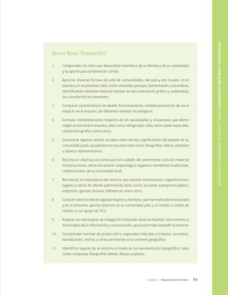 93
Capítulo 2 / Organización Curricular
Tercer Nivel (Transición)
1.	 Comprender los roles que desarrollan miembros de su familia y de su comunidad,
y su aporte para el bienestar común.
2.	 Apreciar diversas formas de vida de comunidades, del país y del mundo, en el
pasado y en el presente, tales como: viviendas, paisajes, alimentación, costumbres,
identificando mediante diversas fuentes de documentación gráfica y audiovisual,
sus características relevantes.
3.	 Comparar características de diseño, funcionamiento, utilidad, precaución de uso e
impacto en el entorno, de diferentes objetos tecnológicos.
4.	 Formular interpretaciones respecto de las necesidades y situaciones que dieron
origen a creaciones e inventos, tales como: refrigerador, radio, avión, naves espaciales,
cámara fotográfica, entre otros.
5.	 Comunicar algunos relatos sociales sobre hechos significativos del pasado de su
comunidad y país, apoyándose en recursos tales como: fotografías, videos, utensilios
u objetos representativos.
6.	 Reconocer diversas acciones para el cuidado del patrimonio cultural material
(construcciones, obras de carácter arqueológico, lugares) e inmaterial (tradiciones,
celebraciones), de su comunidad local.
7.	 Reconocer la importancia del servicio que prestan instituciones, organizaciones,
lugares y obras de interés patrimonial, tales como: escuelas, transporte público,
empresas, iglesias, museos, bibliotecas, entre otros.
8.	 Conocer sobre la vida de algunas mujeres y hombres, que han realizado en el pasado
y en el presente, aportes diversos en su comunidad, país, y el mundo, a través de
relatos, o con apoyo de TICs.
9.	 Ampliar sus estrategias de indagación utilizando diversas fuentes, instrumentos y
tecnologías de la información y comunicación, que le permitan expandir su entorno.
10.	 Comprender normas de protección y seguridad referidas a tránsito, incendios,
inundaciones, sismos, y otras pertinentes a su contexto geográfico.
11.	 Identificar lugares de su entorno a través de su representación geográfica, tales
como: maquetas, fotografías aéreas, dibujos y planos.
Interacción
y
Comprensión
del
Entorno
/
Núcleo
Comprensión
del
Entorno
Sociocultural
 