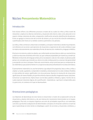 94 Bases Curriculares de la Educación Parvularia
Núcleo Pensamiento Matemático
Introducción
Este núcleo refiere a los diferentes procesos a través de los cuales los niños y niñas tratan de
interpretar y explicar los diversos elementos y situaciones del entorno, tales como ubicación en el
espacio-tiempo, relaciones de orden, comparación, clasificación, seriación, identificación de patrones.
A esto se agrega la construcción de la noción de número y el uso inicial de la función ordenadora y
cuantificadora del mismo en un ámbito numérico pertinente a los párvulos.
Los niños y niñas comienzan a desarrollar actividades y conceptos matemáticos desde muy temprano,
con referencia en acciones o percepciones de situaciones o experiencias de la vida cotidiana, lo que
no implica necesariamente una matemática formal, de abstracción, modelación y lenguaje simbólico.
Al actuar en el entorno y sobre los objetos, van conformando nociones básicas sobre sus características
y sobre las relaciones existentes entre ellos, las que conllevan propiedades pre numéricas y numéricas.
Mediante el desarrollo del lenguaje verbal y de un vocabulario cada vez más amplio, el párvulo puede
pensar con conceptos que, teniendo sus raíces en la vida cotidiana práctica, alcanzan más generalidad
y vinculación con otros conceptos. Todo este conocimiento, actúa como base para la comprensión de
las matemáticas que posteriormente en su trayectoria educativa profundizarán en la educación básica.
El pensamiento matemático es una herramienta cuya adquisición progresiva, lleva a niños y niñas a
ampliar su mundo, ayudando a comprender la realidad y a desenvolverse en la vida cotidiana. Posibilita
el intercambio de nuevos significados con otras personas, favorece la resolución de situaciones
significativas de manera flexible y les permite enfrentar diversos desafíos imaginando nuevas soluciones.
Comunicar sus experiencias, implica hacer uso de ideas, palabras, símbolos y signos, muchos de los
cuales expresan relaciones lógicas, de cuantificación –matemáticas- que hacen comprensible, para
sí y para otros, el contexto en el que se desenvuelven.
Orientaciones pedagógicas
Los Objetivos de Aprendizaje de este núcleo se desarrollan a través de la exploración activa de
situaciones y objetos del entorno, y de una interacción claramente intencionada con el equipo
pedagógico. Para ello, se requiere organizar una serie de actividades específicas, con materiales
concretos, que facilite la adquisición de determinados conceptos. En virtud de lo anterior, es esencial
que el aprendizaje en este núcleo se despliegue a partir de acciones y situaciones cotidianas, y
Interacción
y
Comprensión
del
Entorno
/
Núcleo
Pensamiento
Matemático
 