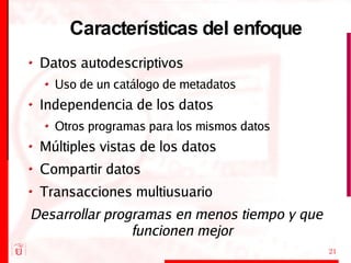 Características del enfoque Datos autodescriptivos Uso de un catálogo de metadatos Independencia de los datos Otros programas para los mismos datos Múltiples vistas de los datos Compartir datos Transacciones multiusuario Desarrollar programas en menos tiempo y que funcionen mejor 