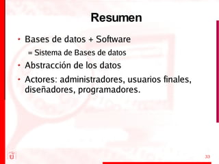 Resumen Bases de datos + Software = Sistema de Bases de datos Abstracción de los datos Actores: administradores, usuarios finales, diseñadores, programadores. 