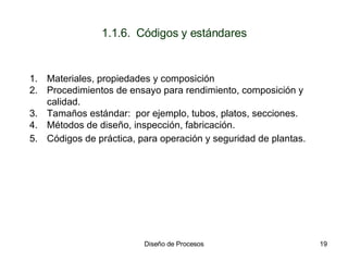 1.1.6.  Códigos y estándares Materiales, propiedades y composición Procedimientos de ensayo para rendimiento, composición y calidad. Tamaños estándar:  por ejemplo, tubos, platos, secciones. Métodos de diseño, inspección, fabricación. Códigos de práctica, para operación y seguridad de plantas.   