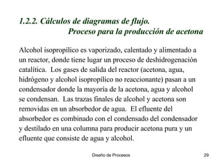 Alcohol isopropílico es vaporizado, calentado y alimentado a un reactor, donde tiene lugar un proceso de deshidrogenación catalítica.  Los gases de salida del reactor (acetona, agua, hidrógeno y alcohol isopropílico no reaccionante) pasan a un condensador donde la mayoría de la acetona, agua y alcohol se condensan.  Las trazas finales de alcohol y acetona son removidas en un absorbedor de agua.  El efluente del absorbedor es combinado con el condensado del condensador y destilado en una columna para producir acetona pura y un efluente que consiste de agua y alcohol.  1.2.2. Cálculos de diagramas de flujo. Proceso para la producción de acetona 