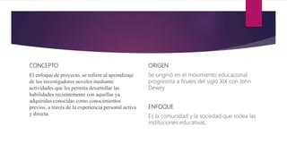 CONCEPTO
El enfoque de proyecto, se refiere al aprendizaje
de los investigadores noveles mediante
actividades que les permita desarrollar las
habilidades recientemente con aquellas ya
adquiridas conocidas como conocimientos
previos, a través de la experiencia personal activa
y directa.
ORIGEN
Se originó en el movimiento educacional
progresista a finales del siglo XIX con John
Dewey
ENFOQUE
Es la comunidad y la sociedad que rodea las
instituciones educativas.
 