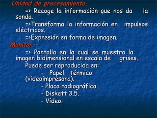 Unidad de procesamiento : => Recoge la información que nos da  la sonda. =>Transforma la información en  impulsos eléctricos. =>Expresión en forma de imagen. Monitor  : => Pantalla en la cual se muestra la  imagen bidimensional en escala de  grises. Puede ser reproducida en: - Papel térmico  (vídeoimpresora). - Placa radiográfica. - Diskett 3.5. - Vídeo. 