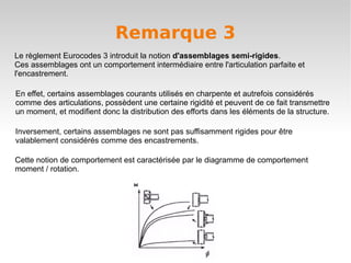 Remarque 3
Le règlement Eurocodes 3 introduit la notion d'assemblages semi-rigides.
Ces assemblages ont un comportement intermédiaire entre l'articulation parfaite et
l'encastrement.

En effet, certains assemblages courants utilisés en charpente et autrefois considérés
comme des articulations, possèdent une certaine rigidité et peuvent de ce fait transmettre
un moment, et modifient donc la distribution des efforts dans les éléments de la structure.

Inversement, certains assemblages ne sont pas suffisamment rigides pour être
valablement considérés comme des encastrements.

Cette notion de comportement est caractérisée par le diagramme de comportement
moment / rotation.
 