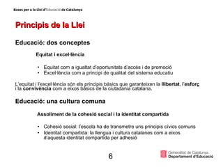 Principis de la Llei   Educació: dos conceptes Equitat i excel·lència Equitat com a igualtat d’oportunitats d’accés i de promoció Excel·lència com a principi de qualitat del sistema educatiu L’equitat i l’excel·lència són els principis bàsics que garanteixen la  llibertat , l’ esforç  i la  convivència  com a eixos bàsics de la ciutadania catalana. Educació: una cultura comuna  Assoliment de la cohesió social i la identitat compartida Cohesió social: l’escola ha de transmetre uns principis cívics comuns Identitat compartida: la llengua i cultura catalanes com a eixos d’aquesta identitat compartida per adhesió 6 