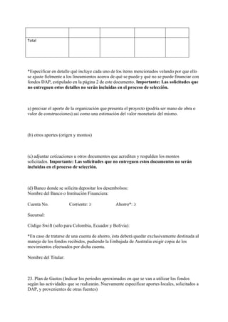  

Total                                                                        

 

 

*Especificar en detalle qué incluye cada uno de los ítems mencionados velando por que ello
se ajuste fielmente a los lineamientos acerca de qué se puede y qué no se puede financiar con
fondos DAP, estipulado en la página 2 de este documento. Importante: Las solicitudes que
no entreguen estos detalles no serán incluidas en el proceso de selección.



a) precisar el aporte de la organización que presenta el proyecto (podría ser mano de obra o
valor de construcciones) así como una estimación del valor monetario del mismo.



(b) otros aportes (origen y montos)



(c) adjuntar cotizaciones u otros documentos que acrediten y respalden los montos
solicitados. Importante: Las solicitudes que no entreguen estos documentos no serán
incluidas en el proceso de selección.



(d) Banco donde se solicita depositar los desembolsos:
Nombre del Banco o Institución Financiera:

Cuenta No.            Corriente: ≥              Ahorro*: ≥

Sucursal:

Código Swift (sólo para Colombia, Ecuador y Bolivia):

*En caso de tratarse de una cuenta de ahorro, ésta deberá quedar exclusivamente destinada al
manejo de los fondos recibidos, pudiendo la Embajada de Australia exigir copia de los
movimientos efectuados por dicha cuenta.

Nombre del Titular:



23. Plan de Gastos (Indicar los periodos aproximados en que se van a utilizar los fondos
según las actividades que se realizarán. Nuevamente especificar aportes locales, solicitados a
DAP, y provenientes de otras fuentes)
 