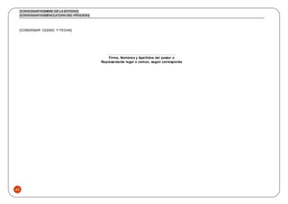 [CONSIGNAR NOMBRE DE LA ENTIDAD]
[CONSIGNAR NOMENCLATURA DEL PROCESO]
45
[CONSIGNAR CIUDAD Y FECHA]
………..........................................................
Firma, Nombres y Apellidos del postor o
Representante legal o común, según corresponda
 